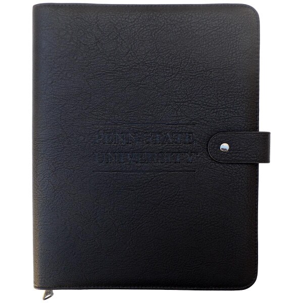 black zippered portfolio with embossed Penn State University and snap closure